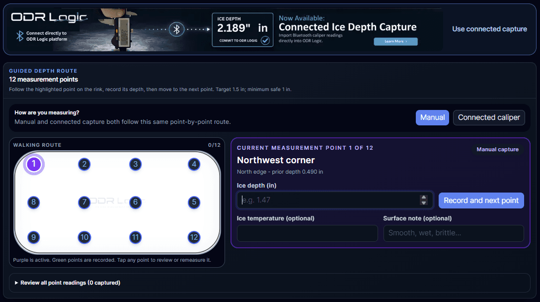 ODR Logic connected depth capture route with a highlighted measurement point and ready-to-record depth field